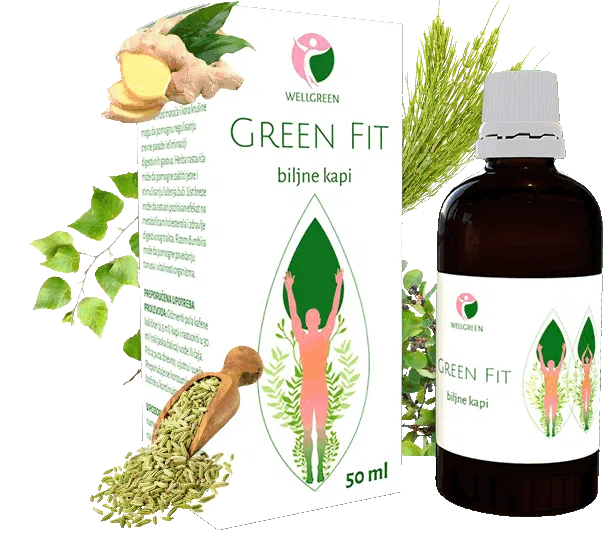 Green Fit biljne kapi okružene đumbirom, brezom, semenom morača, rastavićem i krušinom